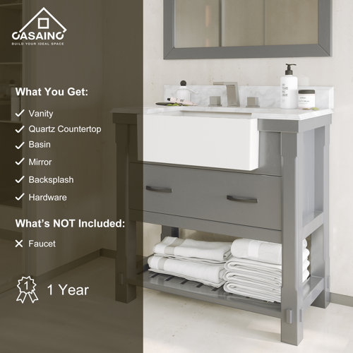 CASAINC 36" Double Farmhouse Sinks Bathroom Vanity In Grey With Mirror